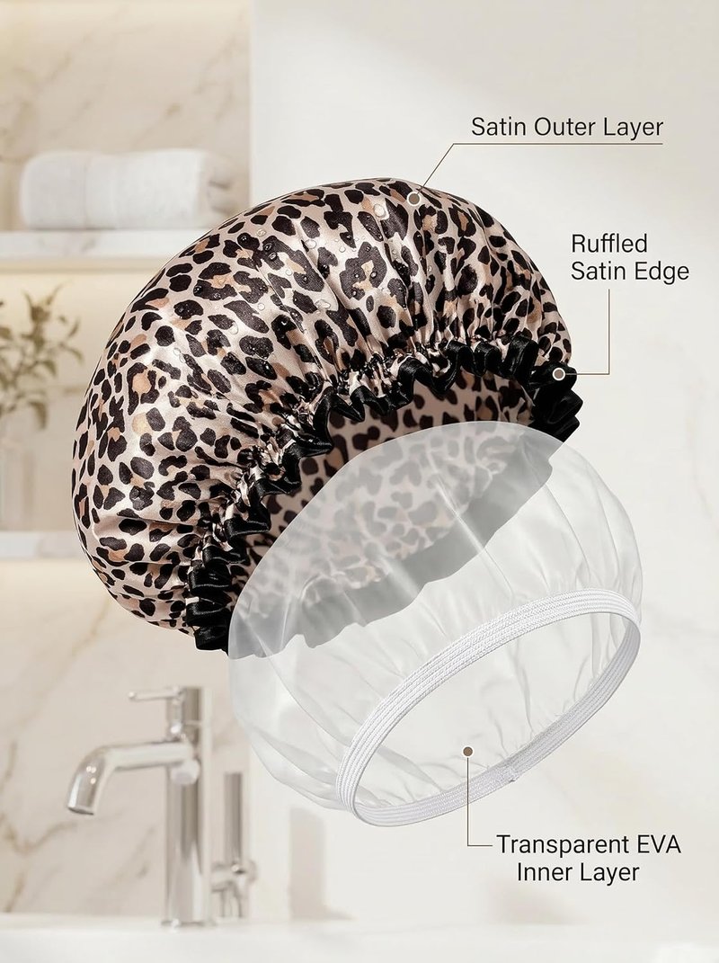 Aquior Shower Cap - Reusable Waterproof Leopard Print Hair Cap | Dual Layer Ruffle Edge for Long Hair