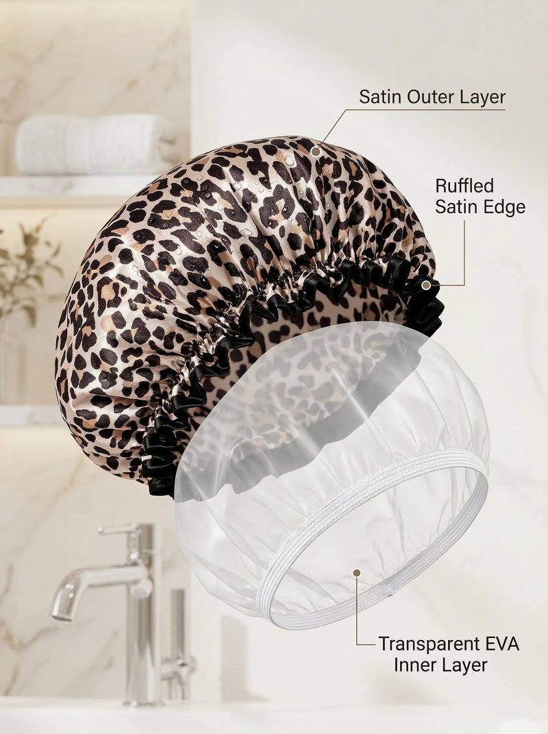 Aquior Shower Cap, Reusable Waterproof Leopard Print Hair Cap,Dual Layer Large Ruffle Edge for Long Hair, Ideal for Shower, Skincare, Cooking, Spa and Travel Use