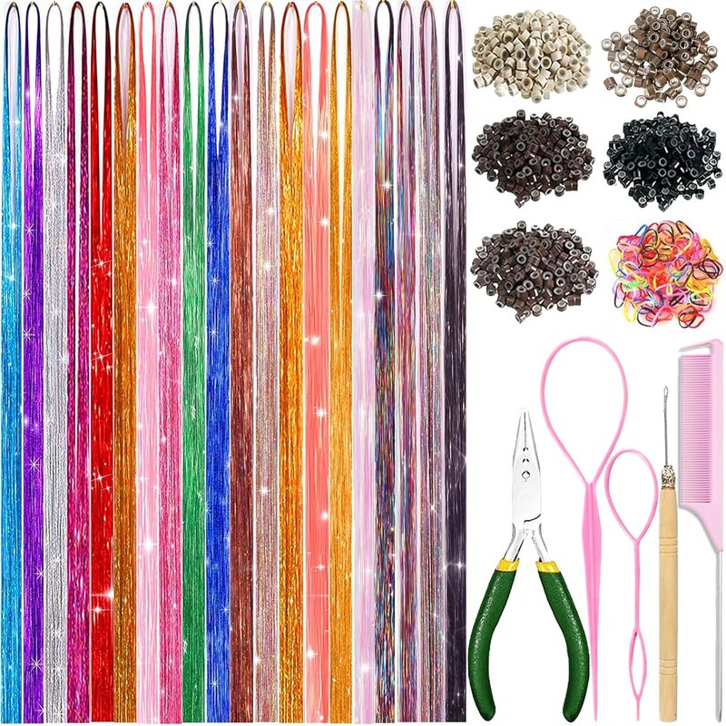 Skiennix Hair Tinsel Kit - 20 Vibrant Colors with Tools | 48-Inch Heat-Resistant Glitter Strands for Parties & Cosplay