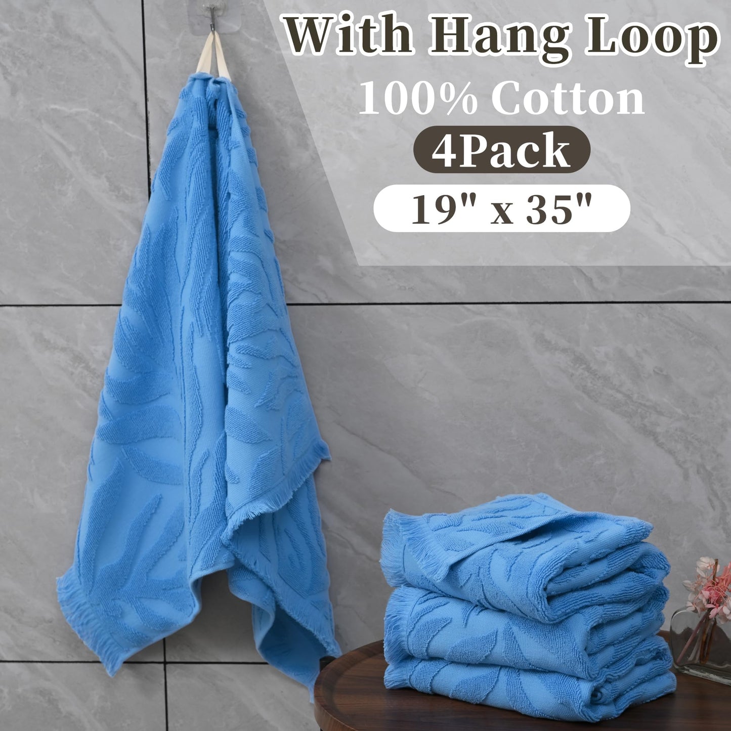 100% Cotton Jacquard Monstera Hand Towels 4-Pack (19x35") – Ultra-Absorbent, Quick-Dry Spa & Gym Towels with Decorative Tassels | Durable Bath Mat Alternative for Home, Travel & Fitness – Gray