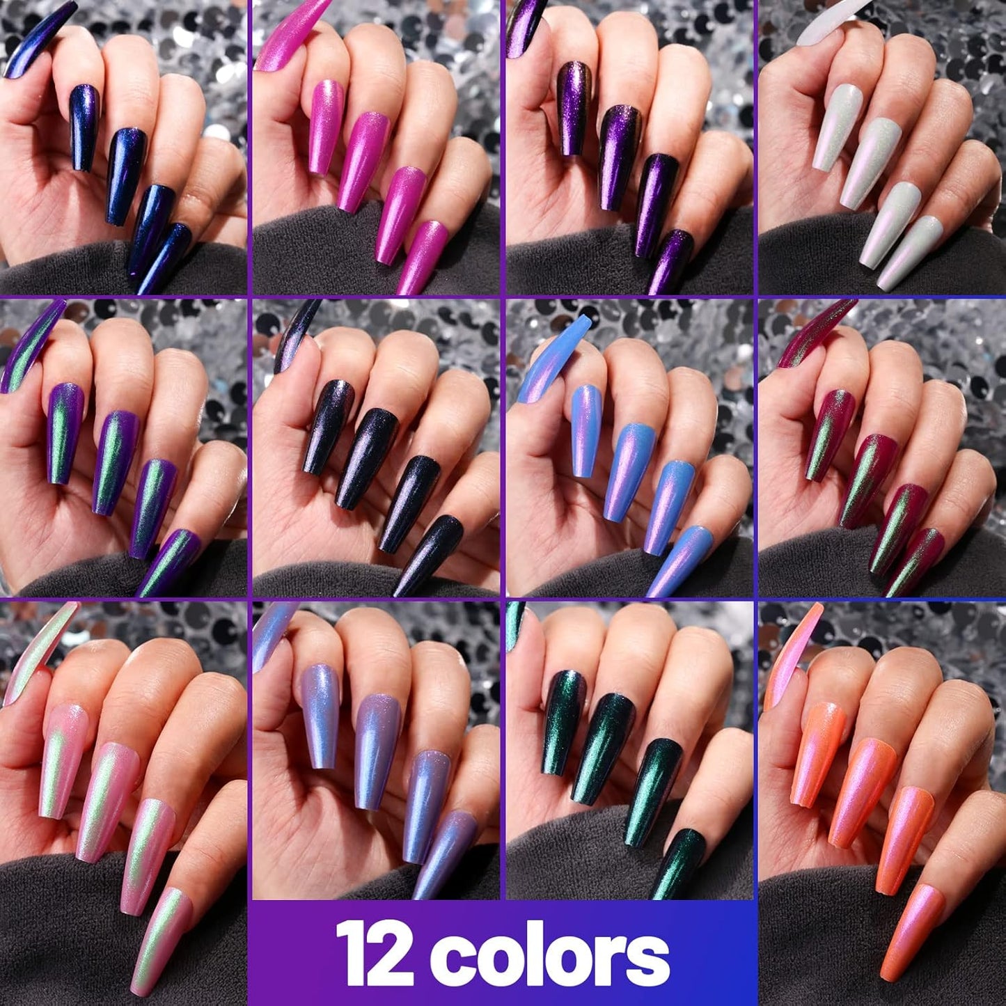 Teenitor Long Press On Nails - 288pcs Chrome Ballerina False Nails | 12 Colors Holographic Metallic Finish