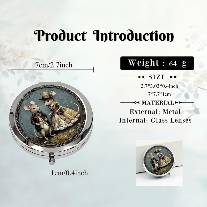 Silver Compact Mirror, 2.8x2.8inch Double-Sided Folding Makeup Mirror with Victorian Gentleman Mice Design, Ideal Gift for Women