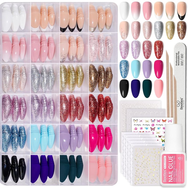 Beetles Press On Nails Kit - 720 Pcs in 24 Colors | Short Almond Glossy & Matte Finish with Glue & Stickers