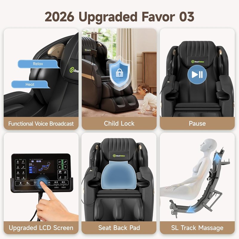 Real Relax 2D SL-Track Massage Chair - Full Body Zero Gravity Recliner with 8 Auto Modes & Voice Broadcast | Black