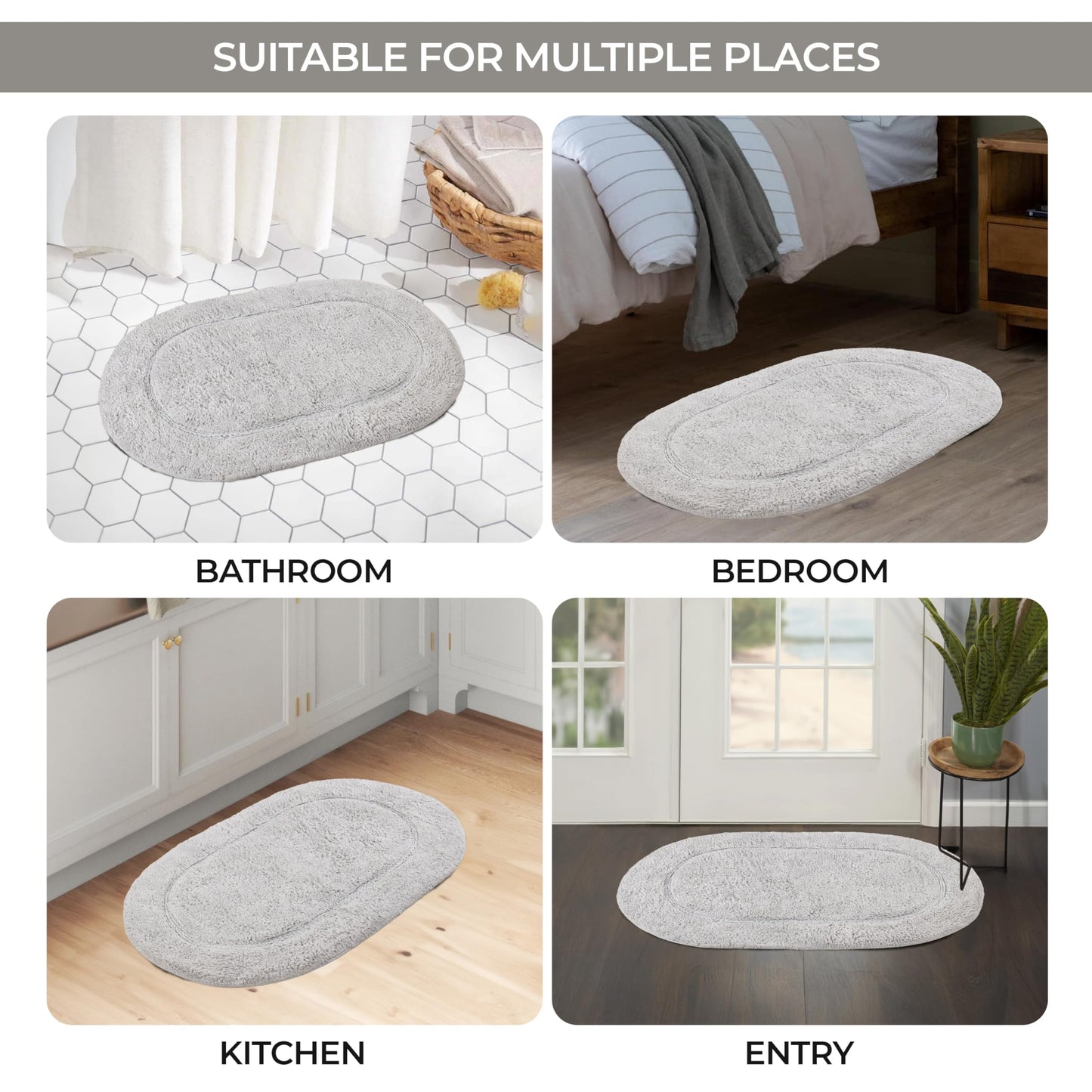 Superior Non-Slip 2 Piece Bath Rug Set, Ultra Plush, Soft and Absorbent 100% Combed Cotton Pile - Traditional Oval Bath Mat Set, Silver