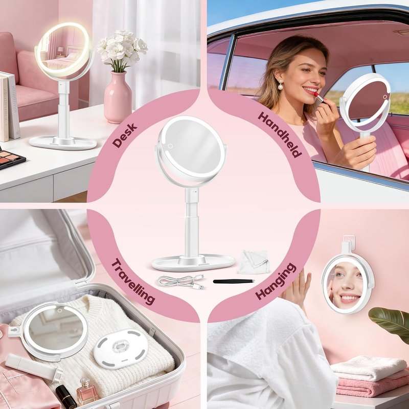 Makeup Mirror with Lights - 30X Magnifying & Height Adjustable | 3 Light Modes, Stepless Dimming, White Vanity Mirror