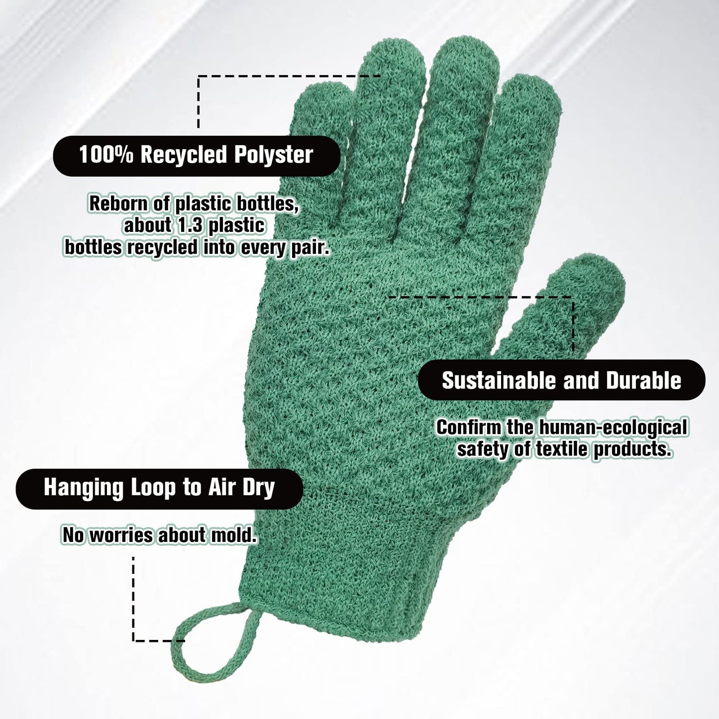 Evridwear Exfoliating Recycled Yarn Eco-Friendly Bath Gloves for Shower, Spa, Massage and Body Scrubs, Dead Skin Cell Remover, Ingrown Hair, Scratching, Gloves with Hanging Loop (1 Pair Heavy Glove)