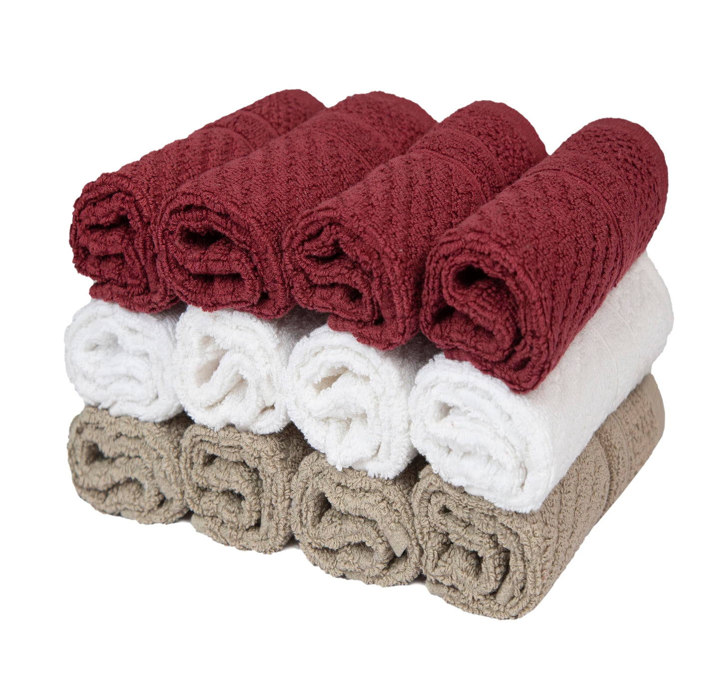 Pleasant Home Chevron Wash Cloths Set - 12 Pack (12” x 12”) – 509 GSM - 100% Ring Spun Cotton Wash Cloth - Super Soft and Highly Absorbent Face Towels (Maroon, White & Tan)