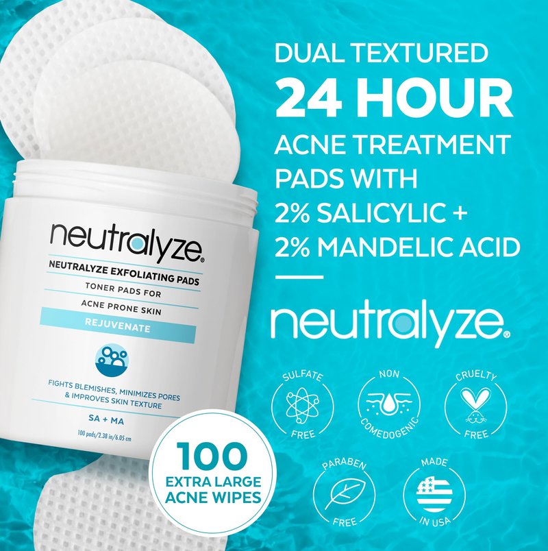 Neutralyze Exfoliating Acne Treatment Wipes - Maximum Strength, Textured Acne Pads with Mandelic Acid & Salicylic Acid for Face & Body - Suitable for All Skin Types, Teens & Adults (100 Wipes)