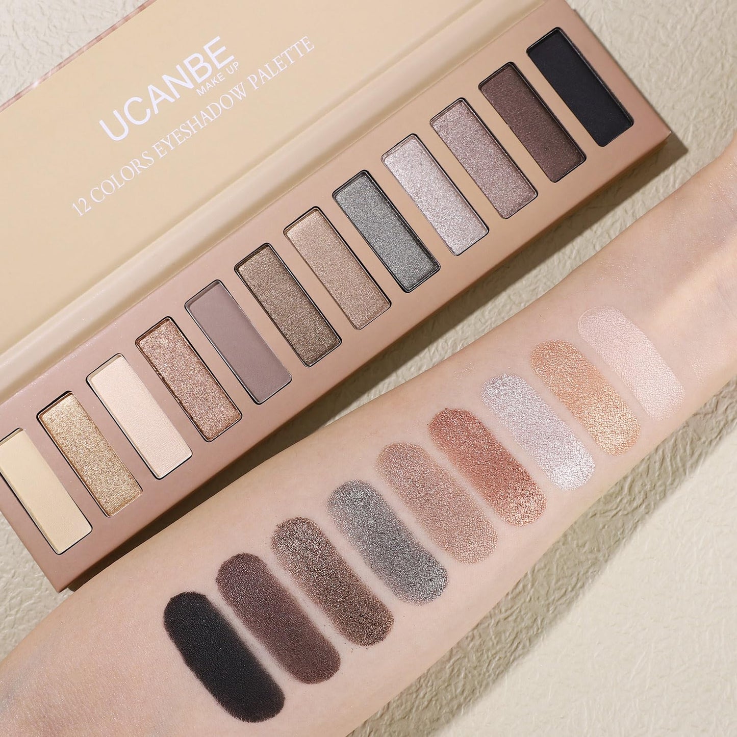 UCANBE 12 Color Eyeshadow Makeup Palette, Neutral Matte Shimmer Nude Eye Shadow Make Up Pallet with Double-ended Brush Set Kit, Highly Pigmented Long Lasting Waterproof
