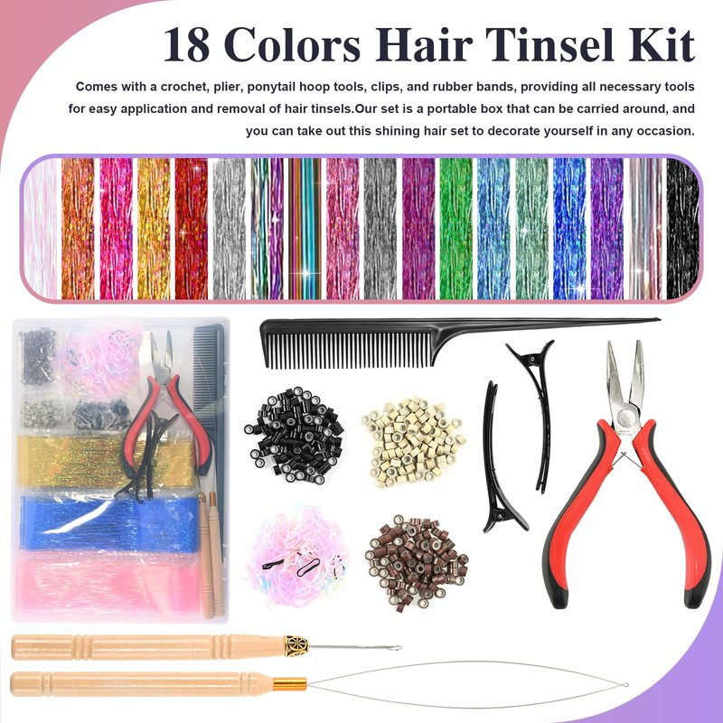 Leuceiy 18 Colors Hair Tinsel Kit, 48 Inch Hair Extensions With Tool, 5400 Strands Sparkling Dazzle Glitter Shiny Fairy Hair Heat Resistant for Girls Women Christmas New Year Festival Party