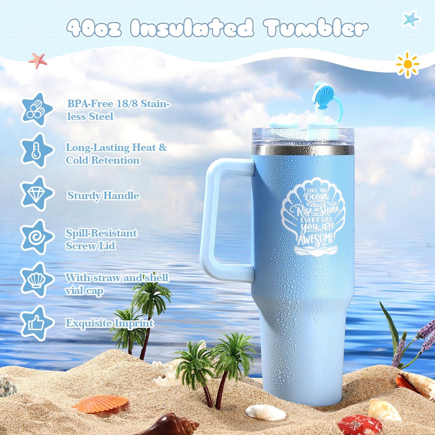 Ocean Gift Baskets for Women, Blue Self Care Spa Gift Set with 40oz Tumbler, Birthday Gift for Women Her Mom Wife Friend, Get Well Soon Gifts, Relaxation Gift Care Package for Women
