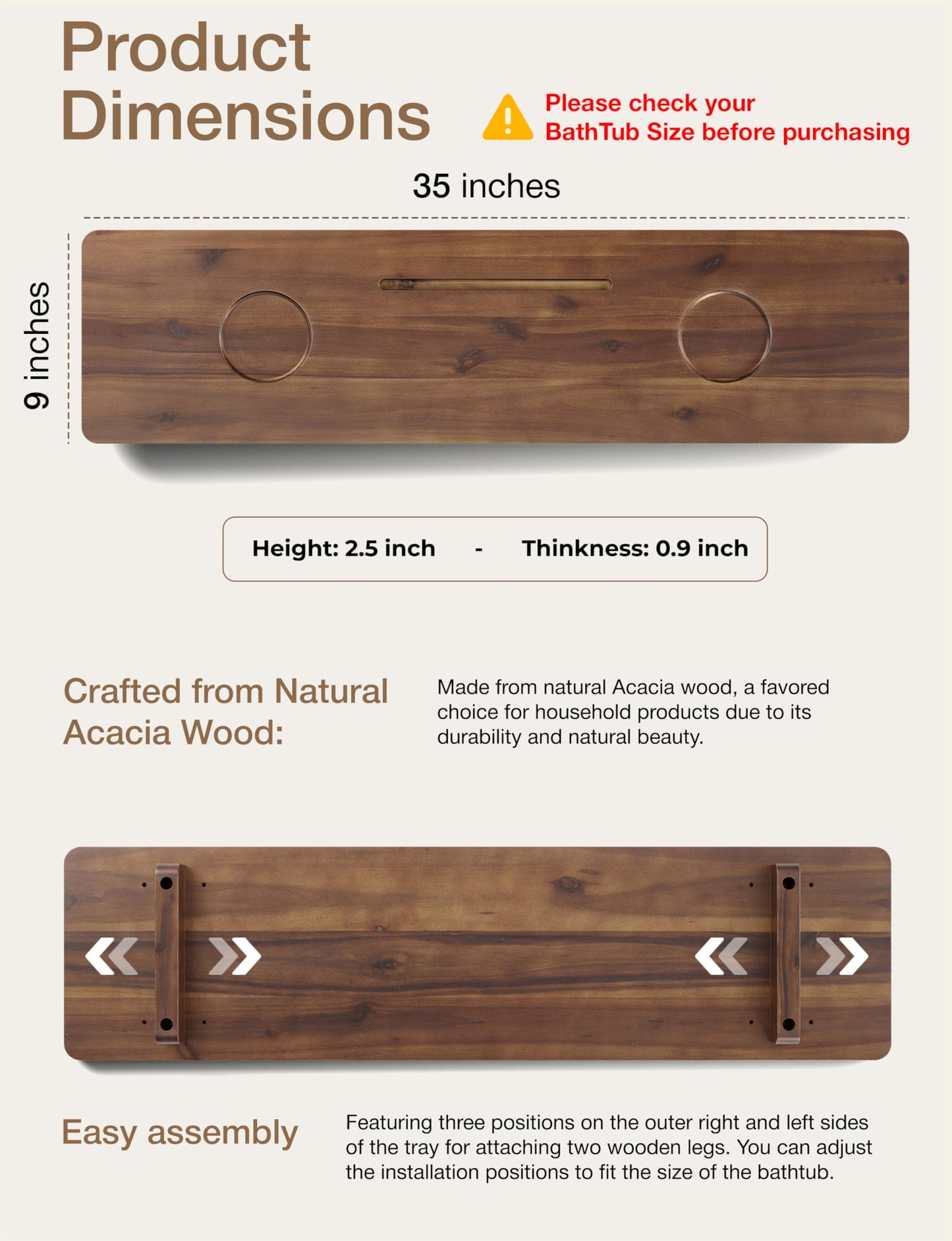 Tinamo 35”L Wooden Bathtub Tray, Bathtub Caddy Tray For Tub with Tablet Slot & Wine Holder - Acacia Bath Tray For Tub, Bath Table - Bathtub Tray Table with Adjustable Legs (Walnut color, 35"x 9"x2.5")
