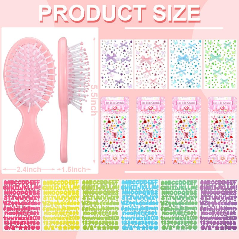 Acellegic 12 Packs DIY Princess Hairbrush Kits Princess Party Bow Diamond Alphabet Sticker Make Your Own Hair Brush with Gem Painting for Birthday Party Art Activities DIY Crafts