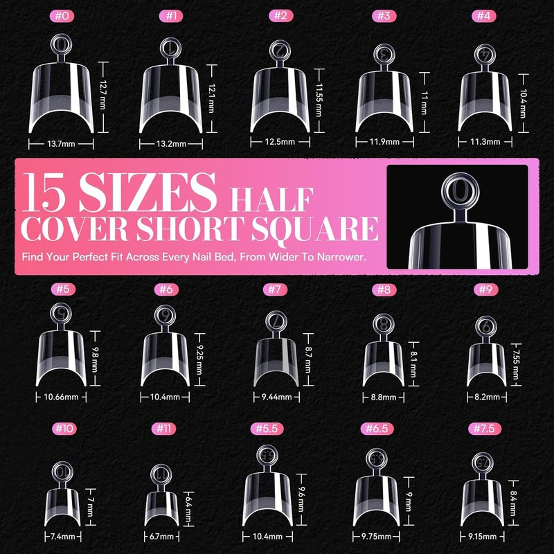 Makartt Short Square Nail Tips: 504 PCS Half Cover Pre-shaped Acrylic Nail Tips, Half Matte, 15 Sizes, False Nails - Easy-to-go Nail Extensions Manicure Supplies Salon DIY at Home