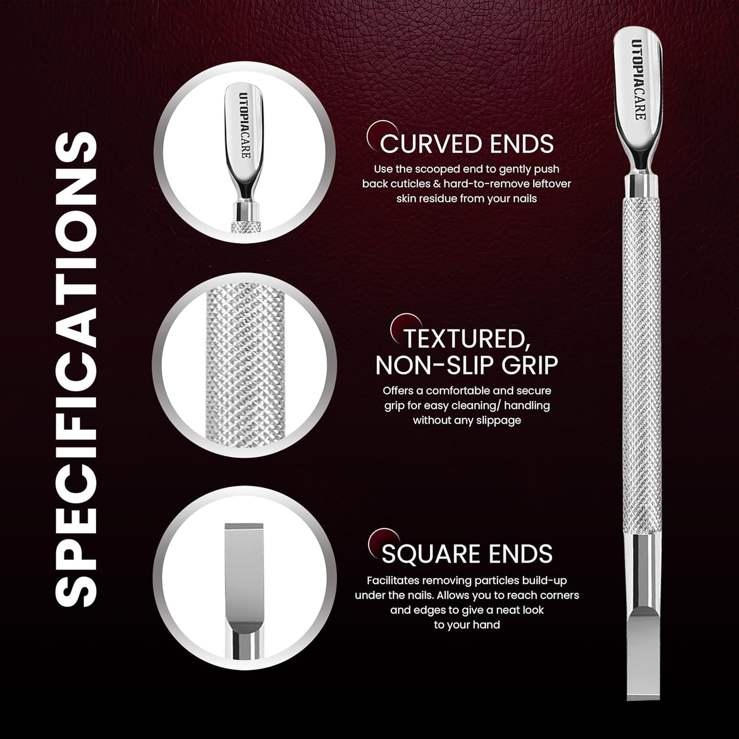 Utopia Care Cuticle Pusher Tool - Professional Stainless Steel Nail Cleaner & Remover | Durable Manicure & Pedicure Tool in Silver