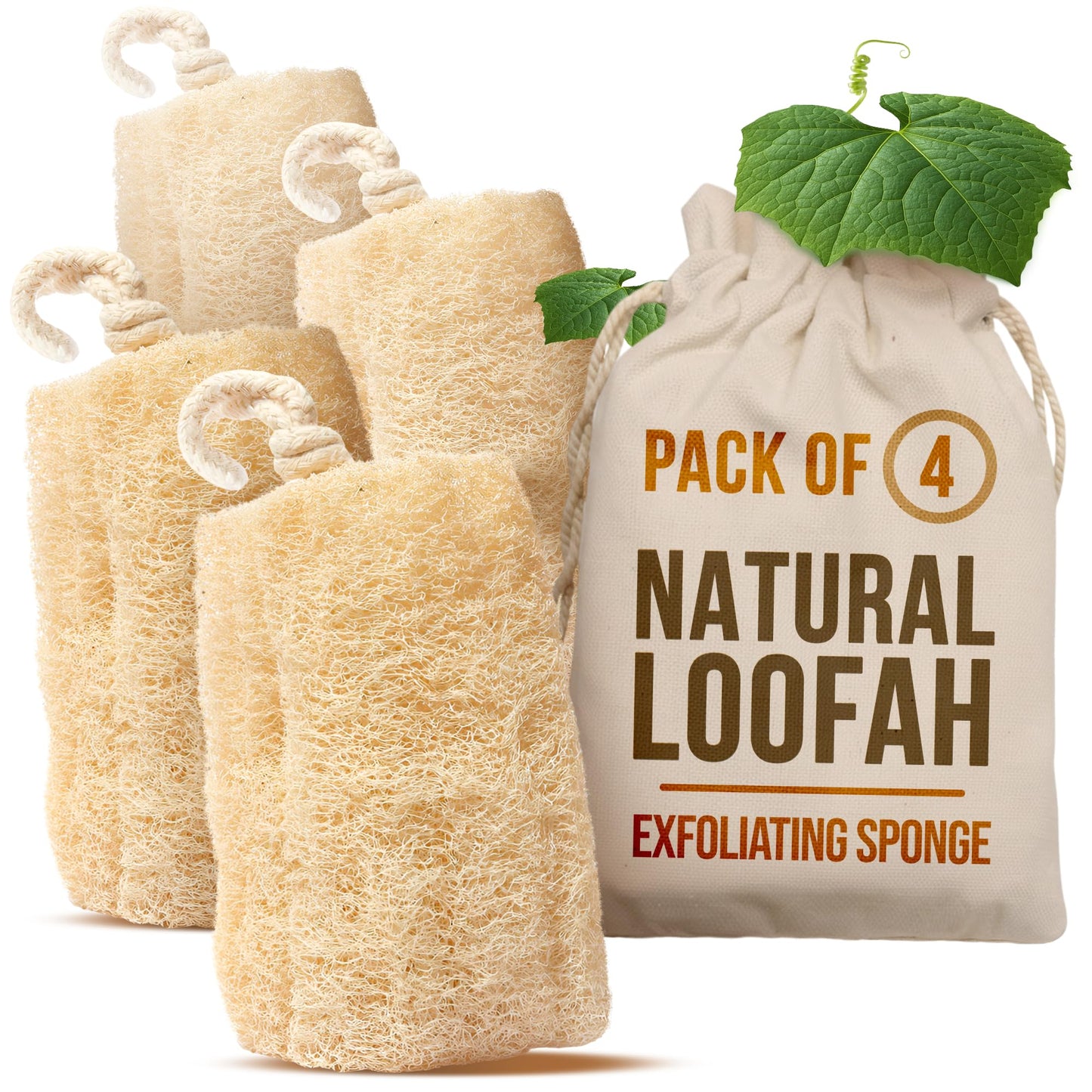 Natural Loofah Sponge – Egyptian Luffa Body Scrubber Pack of 4 for Men & Women, Natural Bath & Shower Loofah Exfoliator, All Natural Loofah Sponges for Face Back & Body, 6" x 6"