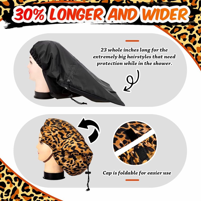 Satinior Jumbo Waterproof Braid Shower Cap - 2 Pcs Adjustable Reusable Hair Bonnets for Long Hair & Dreadlocks | Leopard Print