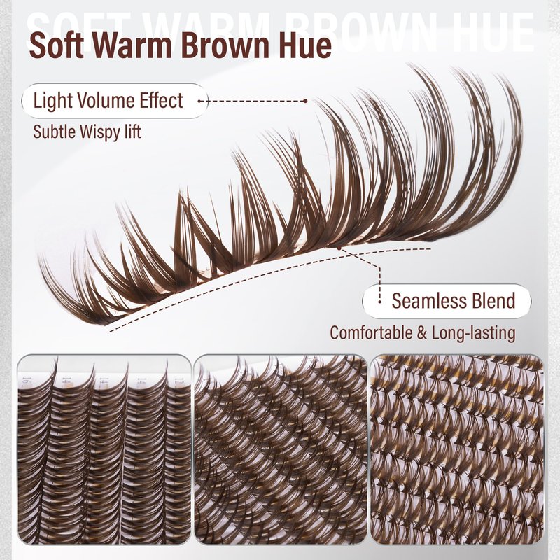 Flora Brown Lash Clusters Kit Wispy Brown Cluster Eyelash Extensions Kit, Natural C Curl Lash Extension Kit 8-18mm Individual Lashes DIY with Bond and Seal & Tweezers, 132Pcs