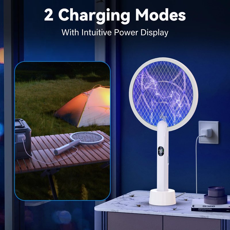 Nymrix Electric Fly Swatter Racket, 2 in 1 Mosquito Bug Zapper 4100V Handheld Mosquito Killer with 1800 mAh Rechargeable Battery, Purple Light and 3-Layer Safety Mesh for Indoor Outdoor Grey