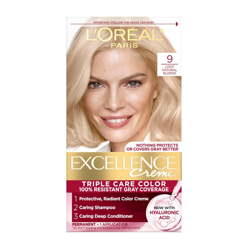 L'Oreal Paris Excellence Crème Permanent Hair Dye, Triple Care Hair Color with Hyaluronic Acid for 100% Gray Coverage, 9 Light Natural Blonde, 1 Kit (Packaging May Vary)