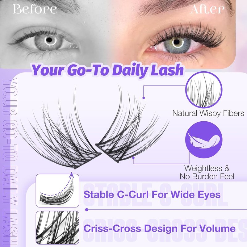 Lanflower Natural Lash Clusters Kit - Waterproof Wispy Eyelash Extensions | 144pcs, 10-16mm Sizes