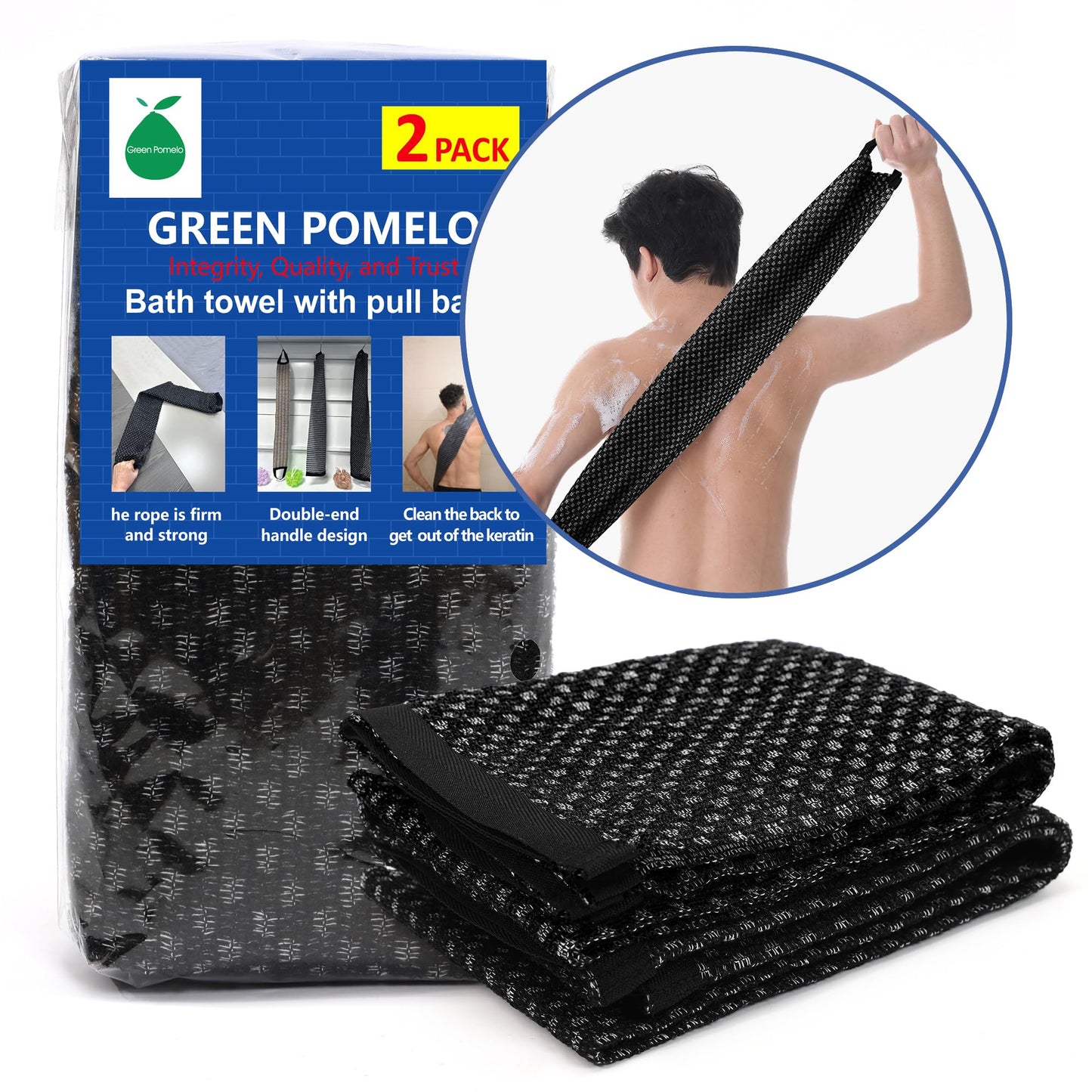 GREEN POMELO Japanese Exfoliating Loofah Back Scrubber - Shower Bath Towel for Men & Women (2 Pack Black, 33.4" x 11.8")