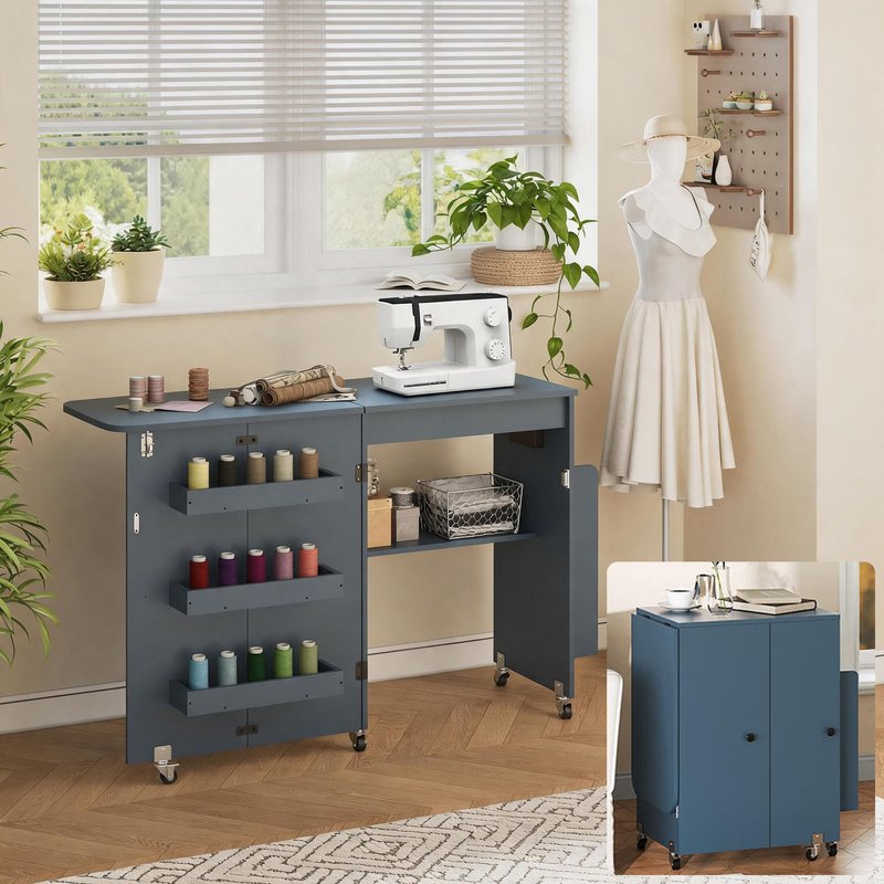 Folding Sewing Table with Power Outlet, Rolling Sewing Desk with Side Storage Rack, Compact Portable Sewing Cabinet for Sewing Machine, Craft Table Organizer for Home (Blue)