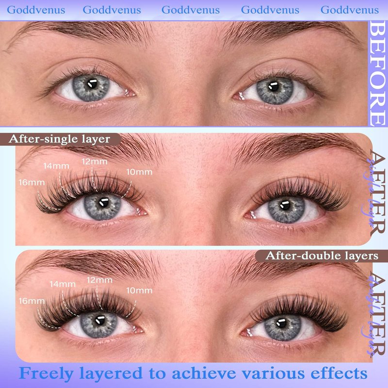 Goddvenus Wispy Lash Clusters 10-16mm Lashes Clusters Eyelash Extensions Natural Individual Lashes 144pcs D Curl Lash Extension DIY Soft Comfortable Eyelash Clusters with Cotton Band
