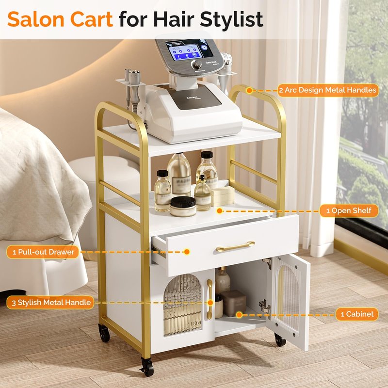OmySalon Salon Trolley Cart, Esthetician Cart with Drawer & Tray, Hair Styling Station, Lockable Wheels Mobile Storage Cabinet for Beauty Spa Massage Esthetic, White Gold