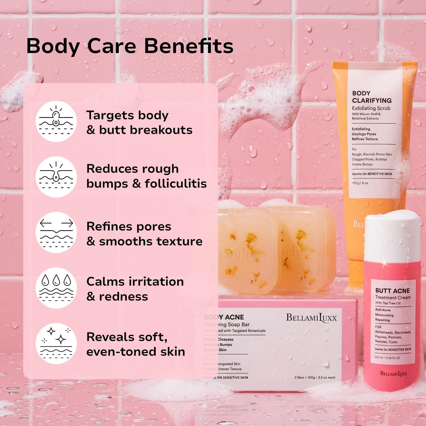 BellamiLuxx Butt Acne Treatment Set: Acne Soap Bar + Butt Treatment Lotion for Breakouts on Buttocks, Thighs, Back, Chest & Ingrown-Prone & Folliculitis-Prone Skin – Helps Reduce Body Breakouts