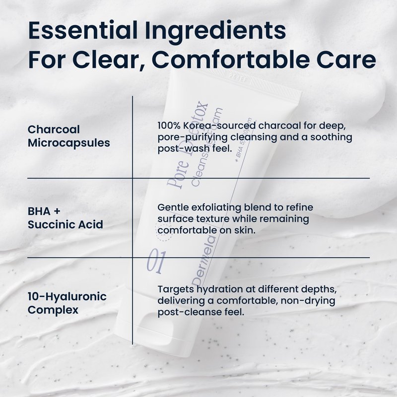 Dermela Pore Deeptox Cleansing Foam, Black Charcoal + BHA & Succinic Acid, One-Step Pore-Purifying Cleanser, 10-Weight Hyaluronic, 4.06 fl oz (120 mL) | Korean Face Wash for Oily & Sensitive Skin