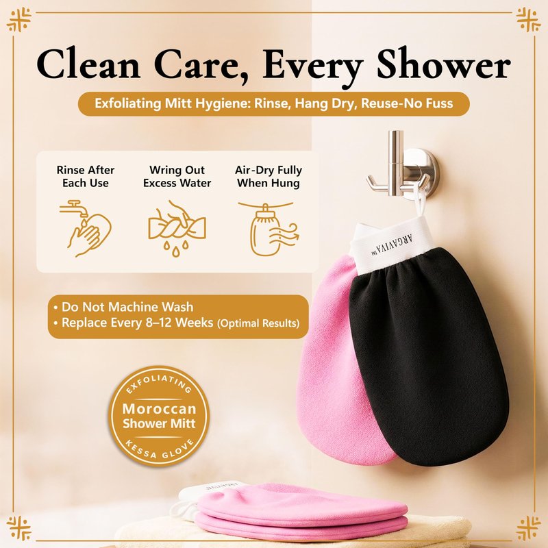 Argaviva Moroccan Exfoliating Glove for Shower - Kessa Hammam Body Scrub Gloves, Exfoliating Mitt, Bath Mitt - Couple's Spa Set, 2 Pack His and Hers, Pink and Black