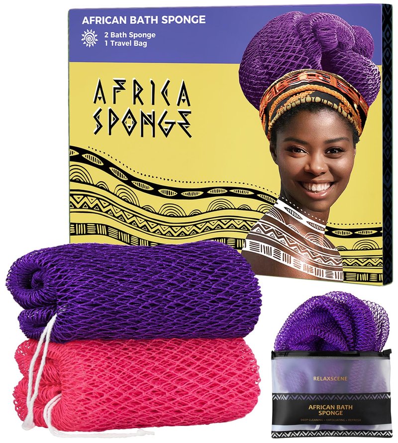 African Net Sponge Authentic - 2 Pieces Exfoliating Body Scrubber Bath Sponge - Loofah Washcloth Back Scrub for Shower Body Exfoliator - Face & Skin Care Bathroom Essentials for Women