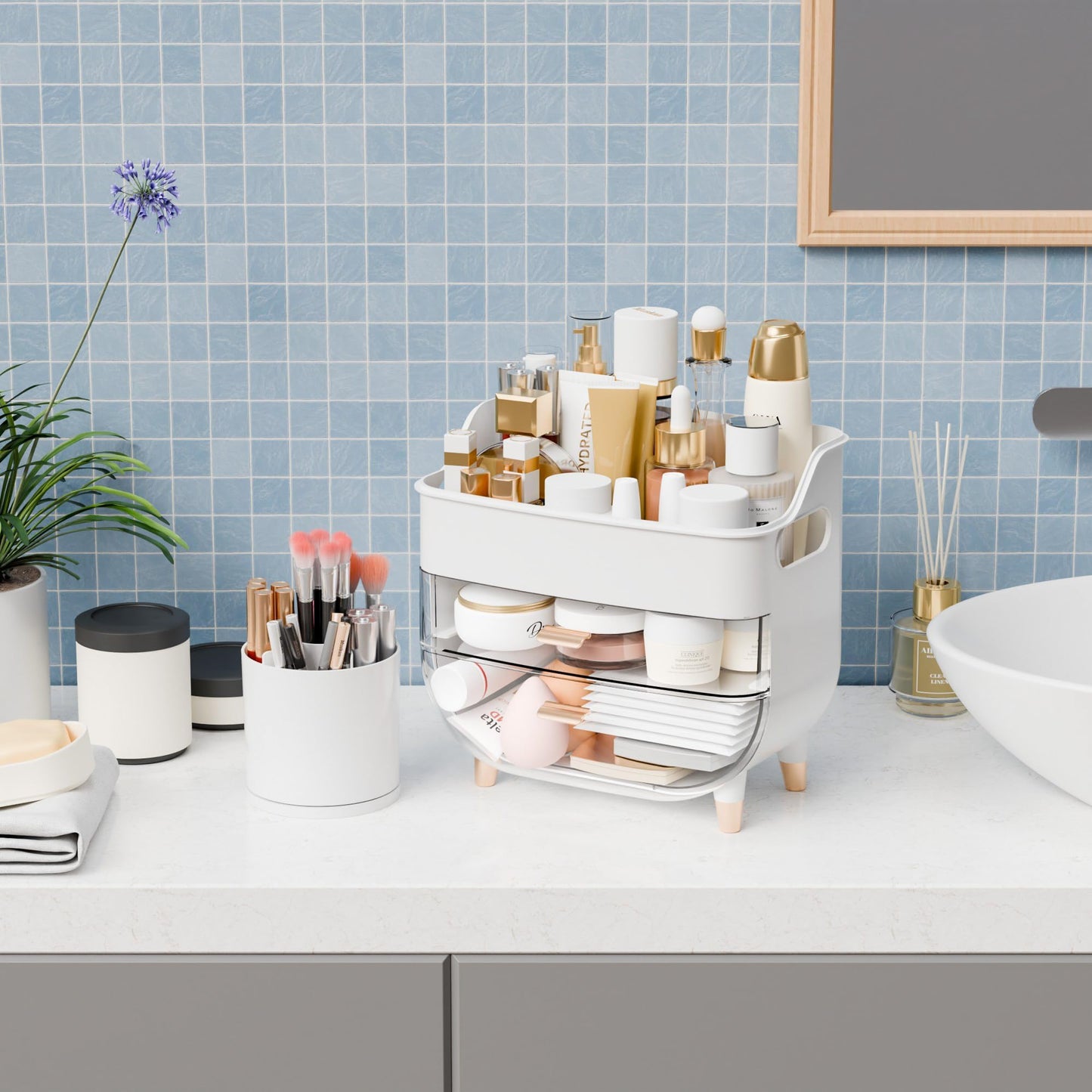 Yieach White Make up Organizer for Countertop,Vanity,Large Capacity Bathroom Makeup Skincare Organizers With Brush Holder,Makeup Storage Organizer for Lotion,Beauty Products,Skin Care,Makeup Display