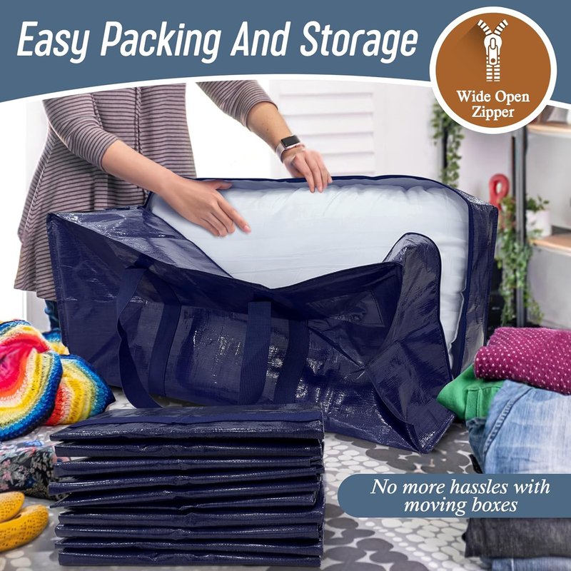 Extra Heavy Duty Large Moving Bags - 6 Pack with Strong Zipper & Comfortable Handles | Durable Blue Storage Totes for College Supplies
