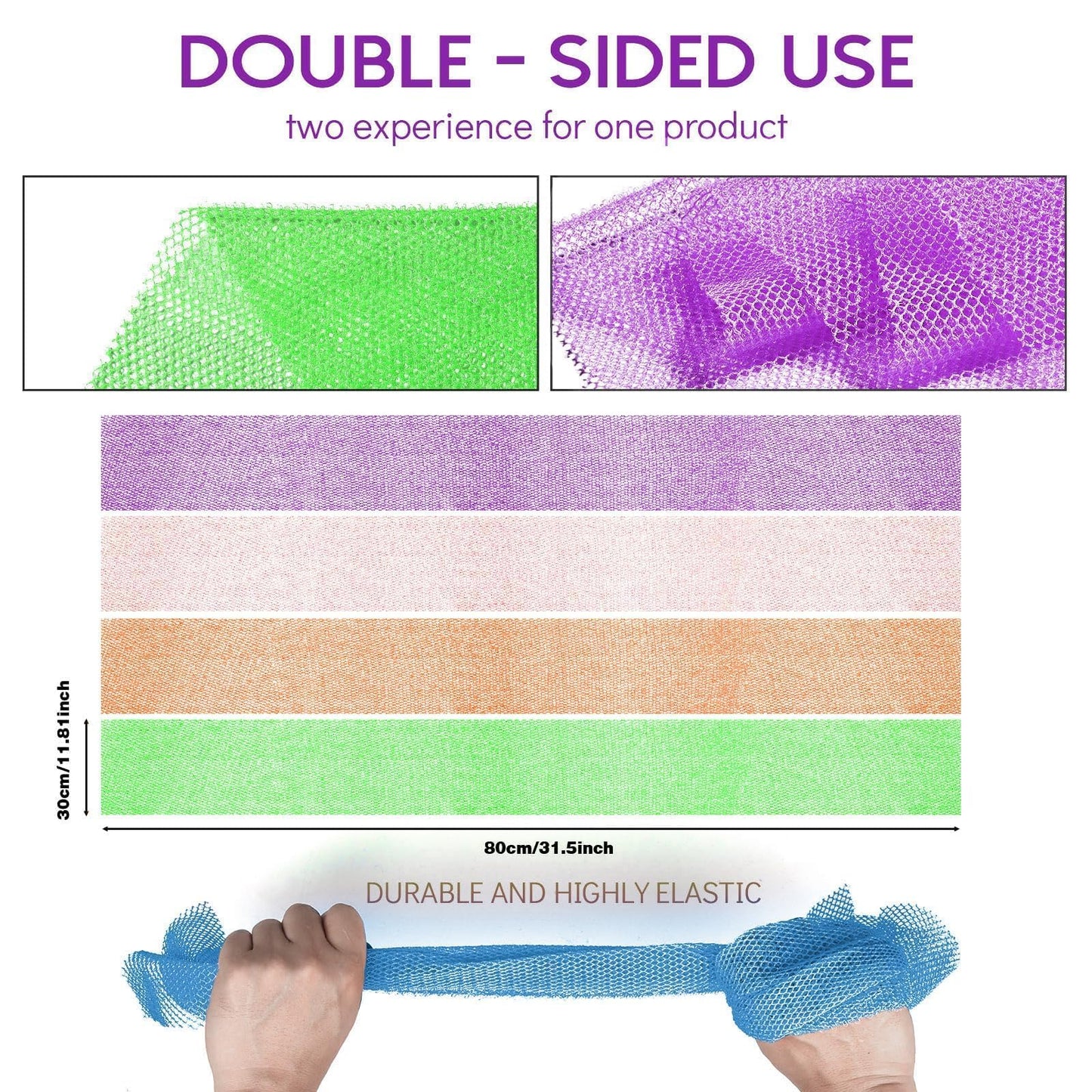 UJFQBH 4 Pieces African Net Sponge African Net Long Net Bath Sponge Exfoliating Shower Body Scrubber Back Scrubber Skin Smoother,Great for Daily Use (Purple, Orange, Green, Pink)