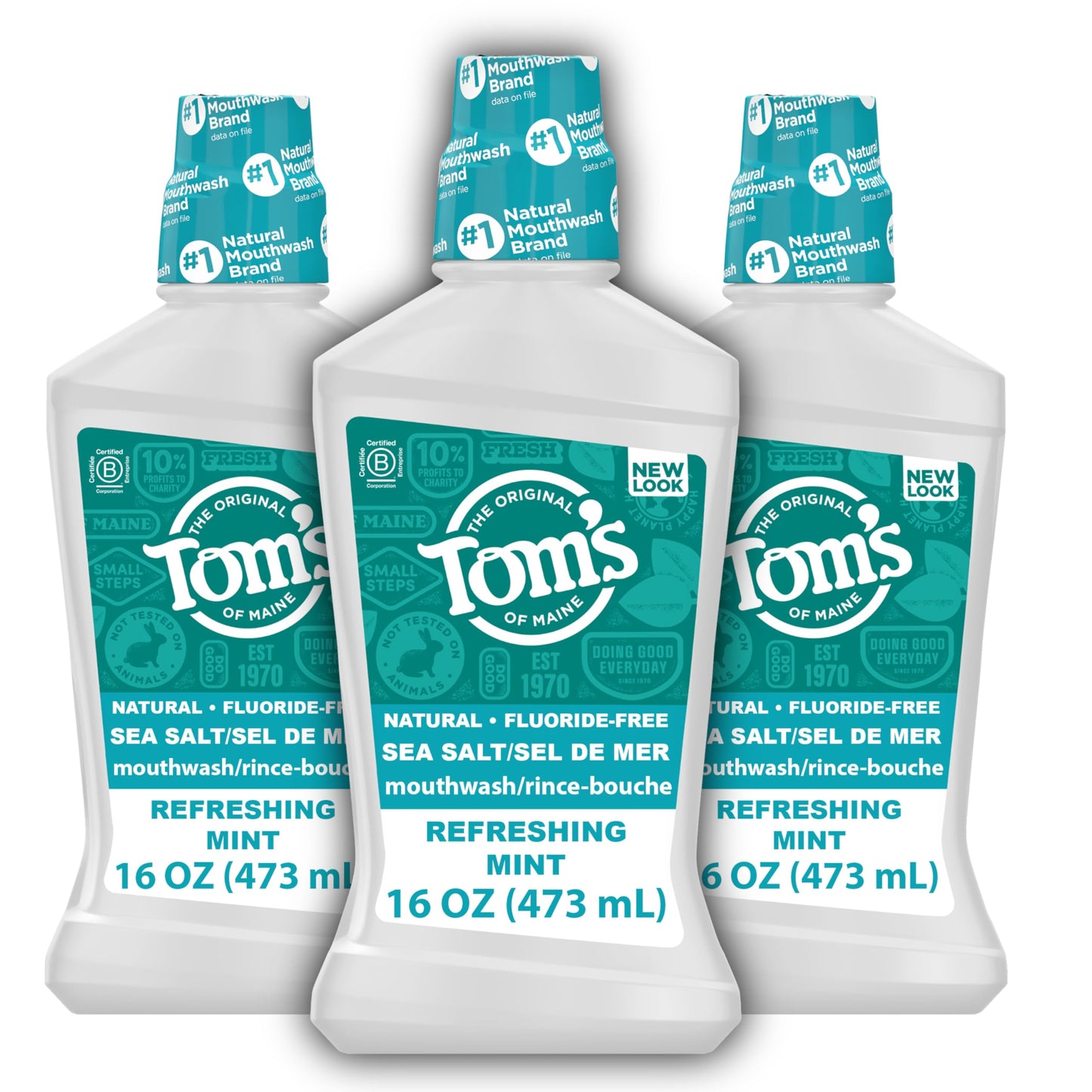 Tom's of Maine Sea Salt Natural Alcohol-Free Mouthwash, Refreshing Mint, 16 Fl Oz (Pack of 3)