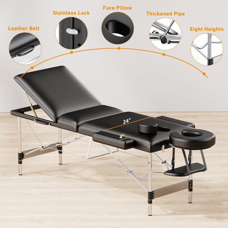 Brelley Massage Table Portable 84" Long 24" Wide Professional 3 Sections Reclining Massage Couch, Aluminum Adjustable Esthetician Bed Tattoo Table SPA Lash Salon Bed with Carrying Bag