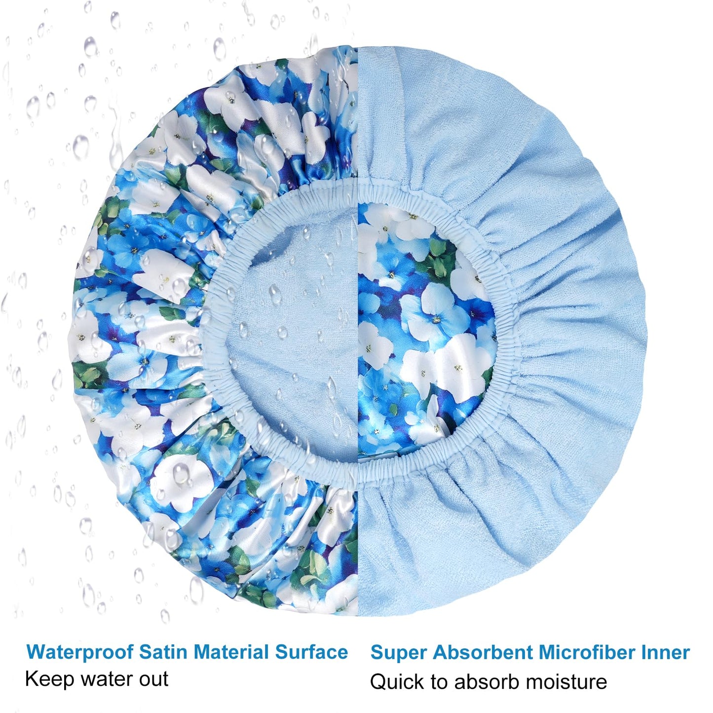 Upgraded Waterproof Terry Shower Caps, Reusable Shower Cap for Women with Long Hair, Soft Absorbent Hair-Protecting Towel Lining Bath Cap, Large Leak-Proof Hair Cap with Fashionable Print Outer-Blue