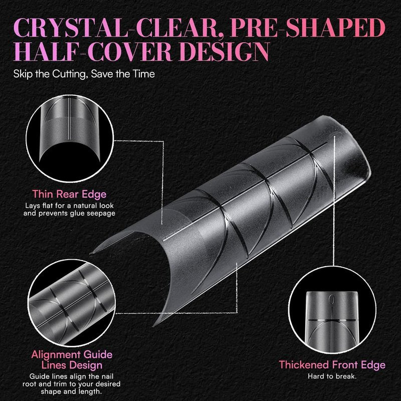 Makartt XL Tapered Square Nail Tips - Matte Clear Half Cover Fake Nails with Alignment Guides | 240pcs in 12 Sizes