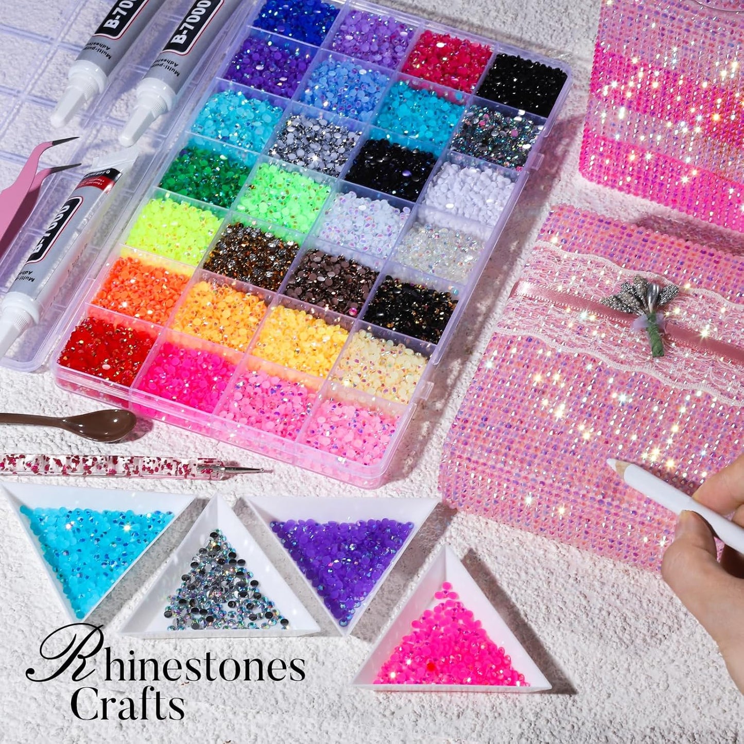Teenitor Bedazzling Kit - 28 Colors Rhinestones with 30000 Pcs Flatback Gems & 3 Pcs B7000 Glue for Nail Art & Crafts