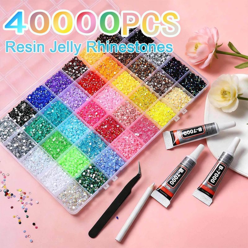 Bedazzler Kit 40 Colors Resin Jelly Rhinestones for Bedazzling, 3mm 40000 Pcs Flatback Gems for Crafting, Bedazzling Kit with 3Pcs B7000 Glue for Clothing Shoes Nail Book Diamond Art Bedazzled Kits