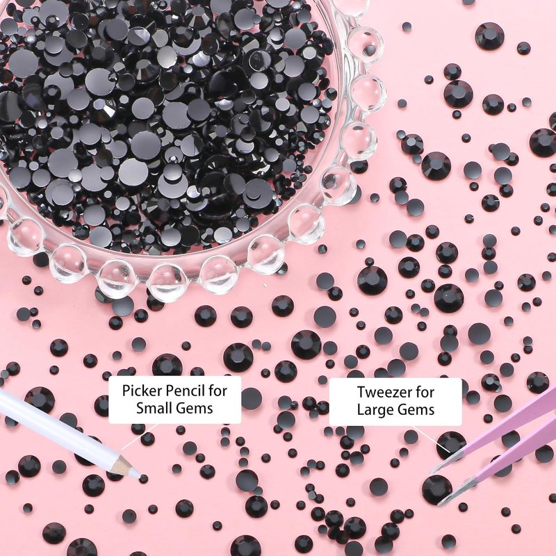 Skiennix 16000 Pcs Black Resin Rhinestones - Flatback Gems for DIY Crafts | Mixed Sizes with Pickup Tool