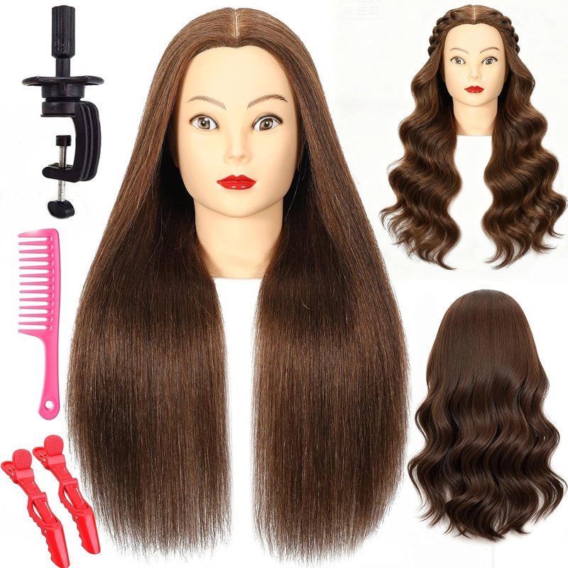 Real Hair Mannequin Head - 20” Nature Brown Cosmetology Training Doll with Clamp & Comb