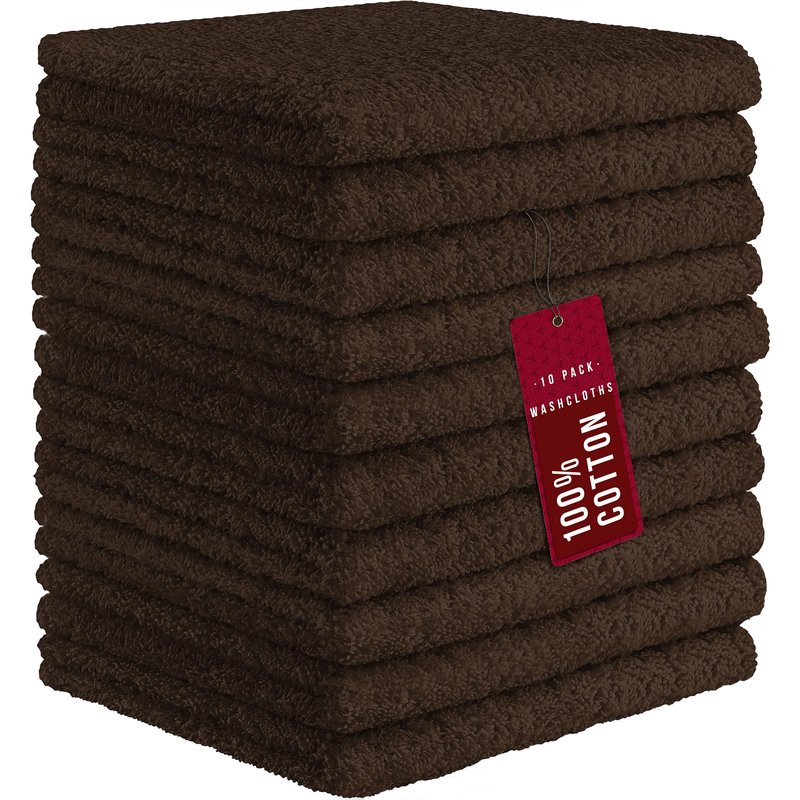 DecorRack 10 Pack 100% Cotton Wash Cloth, Luxurious Soft, 12 x 12 inch Ultra Absorbent, Machine Washable Washcloths, Coffee (10 Pack)