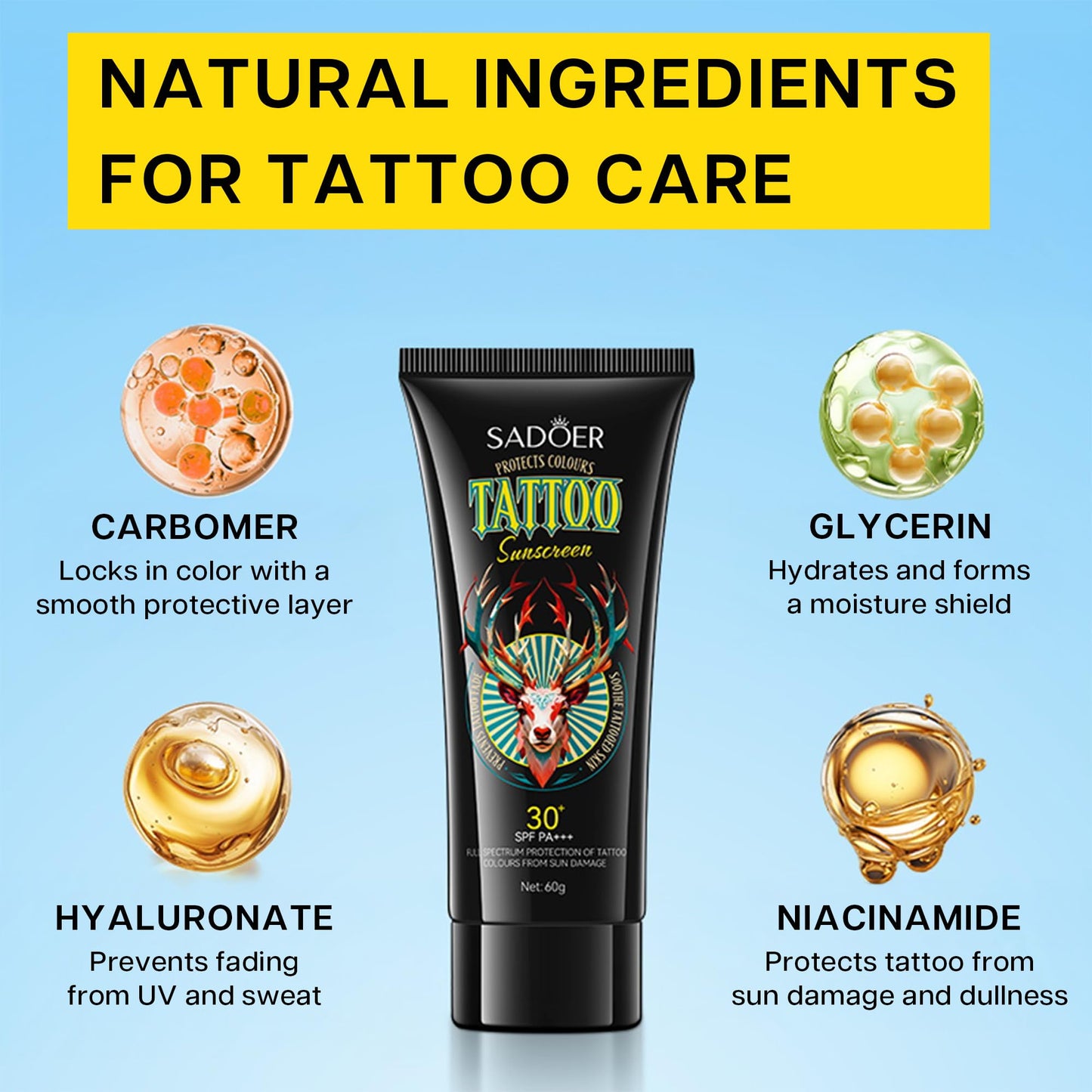 VRAIKO SADOER Tattoo Sunscreen SPF 30+, Fade Protection & Anti-Aging Formula with Avocado Oil, Jojoba Oil, Hyaluronic Acid and Aloe, Moisturizer for Vibrant Tattoos, 2oz
