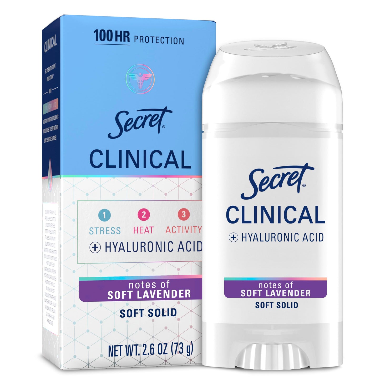 Secret Clinical Strength 100HR Sweat & Odor, Soft Solid Antiperspirant Deodorant for Women, 3X Stress Protection with Hyaluronic Acid, PH Balancing Minerals, Soft Lavender Scent, 2.6 oz