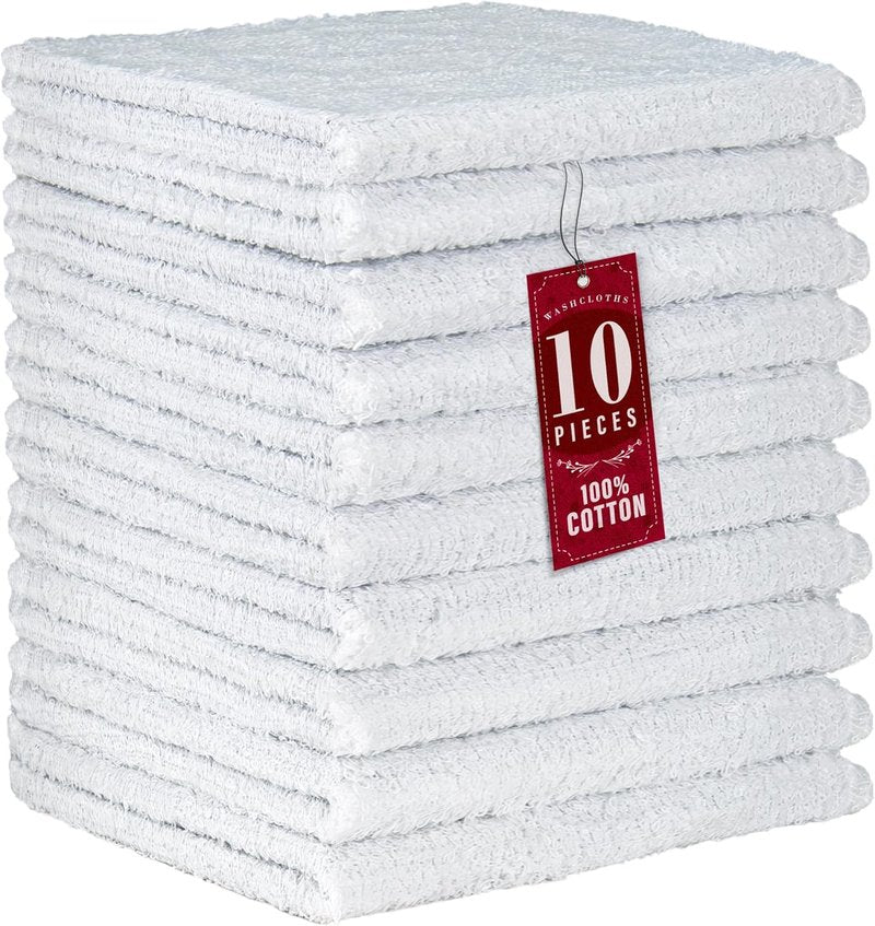 DecorRack 100% Cotton Wash Cloths - Luxurious Softness & Ultra Absorbent | 12 x 12 Inch, White (10 Pack)