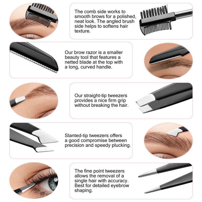 Exquisite 8-in-1 Eyebrow Kit for Women & Men – Luxury Eyebrow Grooming Kit with 4 Precision Tweezers For Eyebrows, Eyebrow Razor, Eyebrow Scissors, Eyebrow Brush/Comb & Pencil with Padded Case